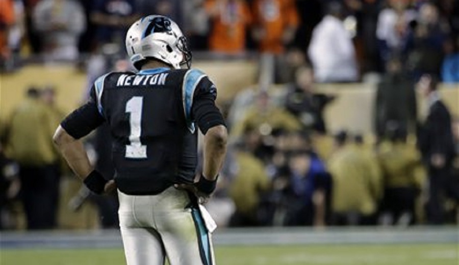 Carolina Panthers Cam Newton hangs his head during the second half of the NFL Super Bowl 50 football game Sunday Feb. 7 2016 in Santa Clara Calif