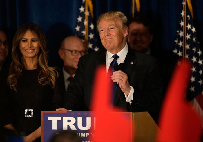 MANCHESTER NH- FEBRUARY 09 Republican presidential candidate Donald Trump speaks after Primary day at his election night watch party at the Executive Court Banquet facility