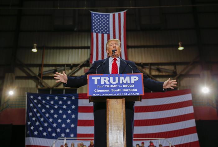 Donald Trump speaks to supporters during a campaign event at Clemson University in Pendleton South