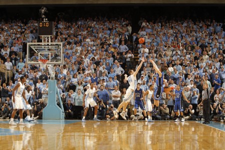 Feb 8 2012 Chapel Hill NC USA Duke Blue Devils guard Austin Rivers shoots a last second shot over North Carolina Tar Heels forward Tyler Zeller to win the game. The Blue Devils defeated the Tar Heels 85-84 at the Dean E. Smith Center. Manda