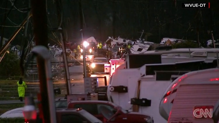 The storm system that brought deadly tornadoes to Mississippi and Louisiana wreaked destruction along the East Coast on Wednesday mangling buildings and taking more lives