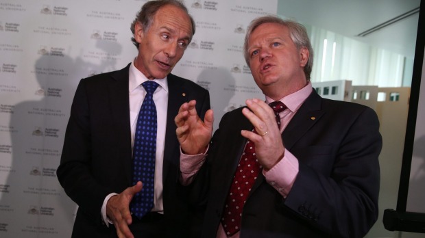 Chief Scientist Alan Finkel and ANU Vice Chancellor Brian Schmidt celebrate the detection of gravitational waves