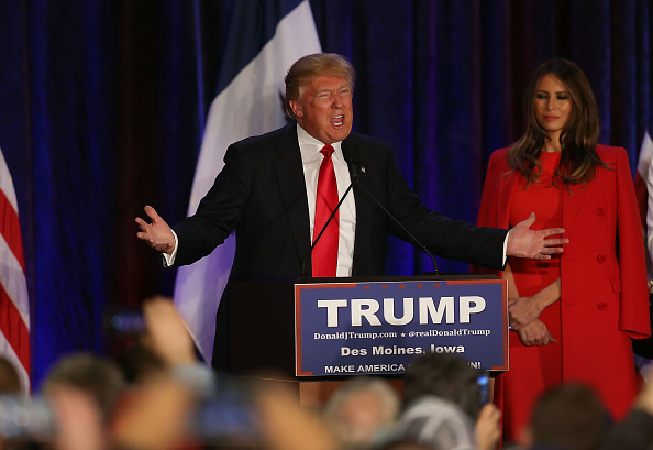 DES MOINES IA- FEBRUARY 01 Republican presidential candidate Donald Trump stands with his wife Melania Trump as he concedes defeat in the Iowa Caucus during his President Caucus Watch Party at the Sheraton Hotel