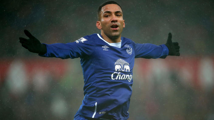 Everton winger Aaron Lennon celebrates scoring against Stoke. 
     
    
                   
     
     
           Show Gri