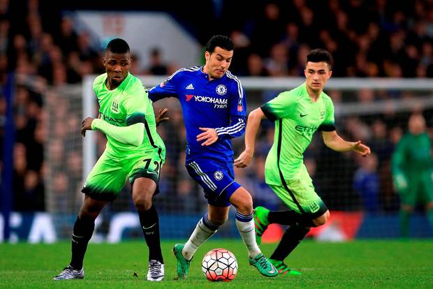 Chelsea's Pedro battles for the ball with Manchester City's Kelechi Iheanacho and Manu Garcia during the Emirates FA Cup fifth round match