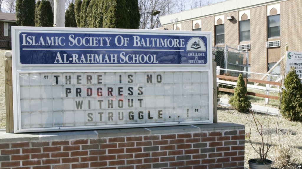 FILE- A sign outside the Islamic Society of Baltimore's Al Rahmah School