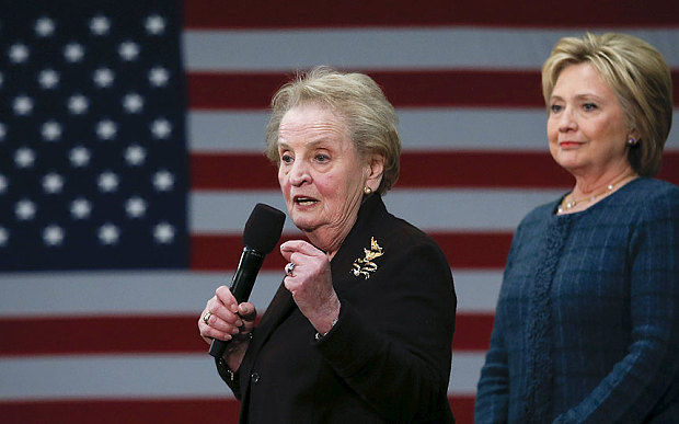 Former U.S. Secretary of State Madeleine Albright introduces Democratic U.S. presidential candidate Hillary Clinton during a campaign stop at Rundlett Middle School in Concord New Hampshire