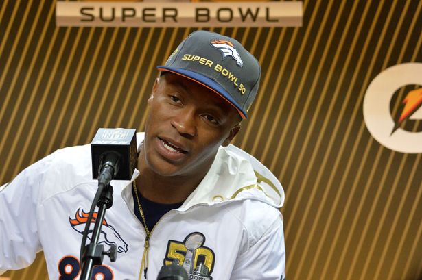 Denver Broncos wide receiver Demaryius Thomas addresses members of the media during Super Bowl 50 Opening Night