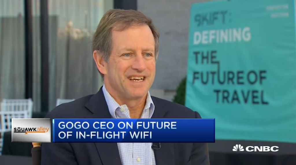 Gogo CEO Michael Small on-air on CNBC at the Skift Global Forum. CNBC