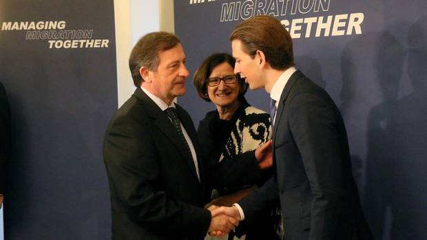 Austrian foreign minister Sebastian Kurz right and Austrian interior minister Johanna Mikl-Leitner centre welcome Slovenia's foreign minister Karl Viktor Erjavec left before the start of the western Balkans conference in Vienna