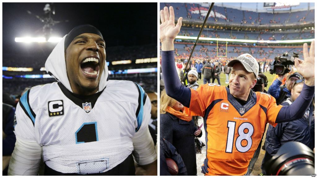 From left Carolina Panthers&#39 Cam Newton celebrates after the NFL football NFC Championship game against the Arizona Cardinals in Charlotte N.C. and Denver Broncos quarterback Peyton Manning waves to spectators following the NFL football AFC Champi