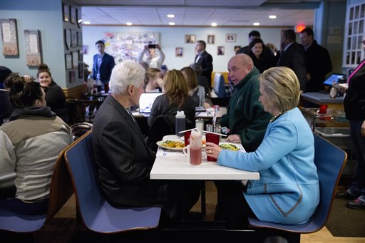 Democratic presidential candidate Hillary Clinton and her husband former President Bill Clinton have breakfast Monday Feb. 8 2016 at Chez Vachon restaurant in, N.H