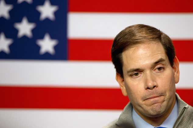 Republican presidential candidate Sen. Marco Rubio R-Fla. listens to a question from the media after a town hall meeting at the Saint Anselm Institute of P