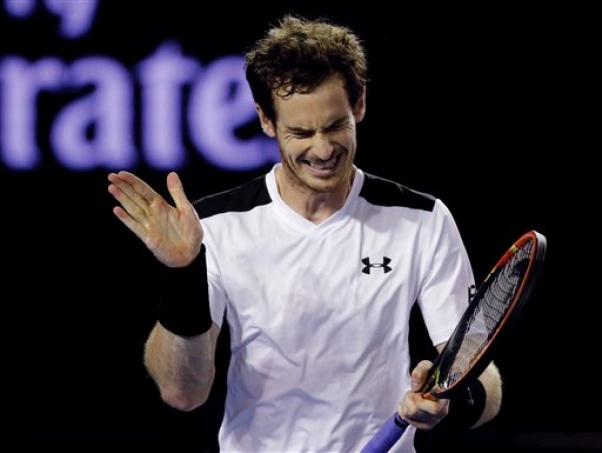 Andy Murray of Britain reacts after losing a point to Milos Raonic of Canada during their semifinal match at the Australian Open tennis championships in Melbourne Australia Friday Jan. 29 2016. AP