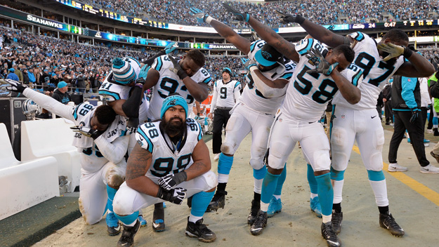 The Carolina Panthers do'the dab during the finals seconds of the NFC Divisional Round playoff game against the Seattle Seahawks at Bank of America Stadium in Charlotte North Carolina on Jan. 17 2016