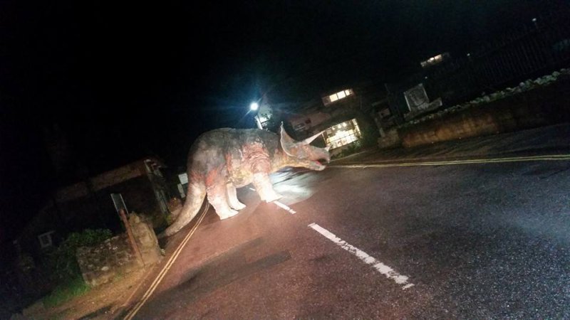 Huge triceratops blocks traffic in the night on the Isle of Wight