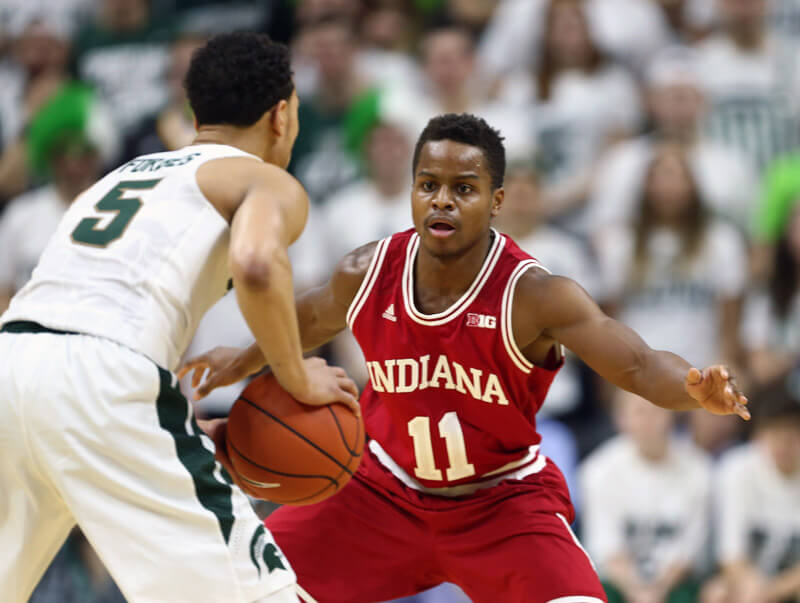 Feb 14 2016 East Lansing MI USA Indiana Hoosiers guard Yogi Ferrell defends Michigan State Spartans guard Bryn Forbes during the first half of a game at Jack Breslin Student Events Center. Mandatory Credit Mike Carter-USA TODAY Sports