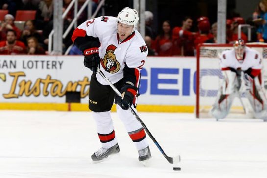 Ottawa Senators defenseman Dion Phaneuf clears the puck against the Detroit Red Wings in the first period of an NHL hockey game Wednesday Feb. 10 2016 in Detroit