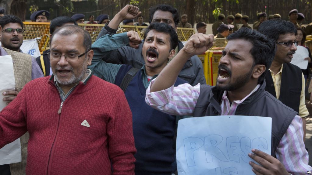 Indian journalists shout slogans for the freedom of press near Supreme Court in New Delhi India Tuesday Feb. 16 2016