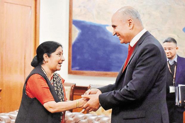 S ushma Swaraj with Nepal’s finance minister Bishnu Poudel in New Delhi