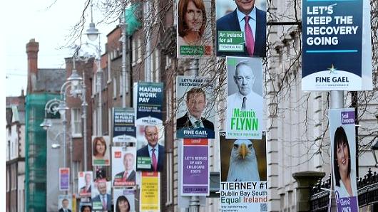 Campaign posters for the parliamentary elections on lamposts in Dublin Ireland