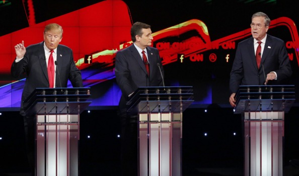 Low Energy Jeb Bush with candidates Donald Trump and Ted Cruz. Despite raising phenomenal amounts of money Bush is flagging at 2 per cent support