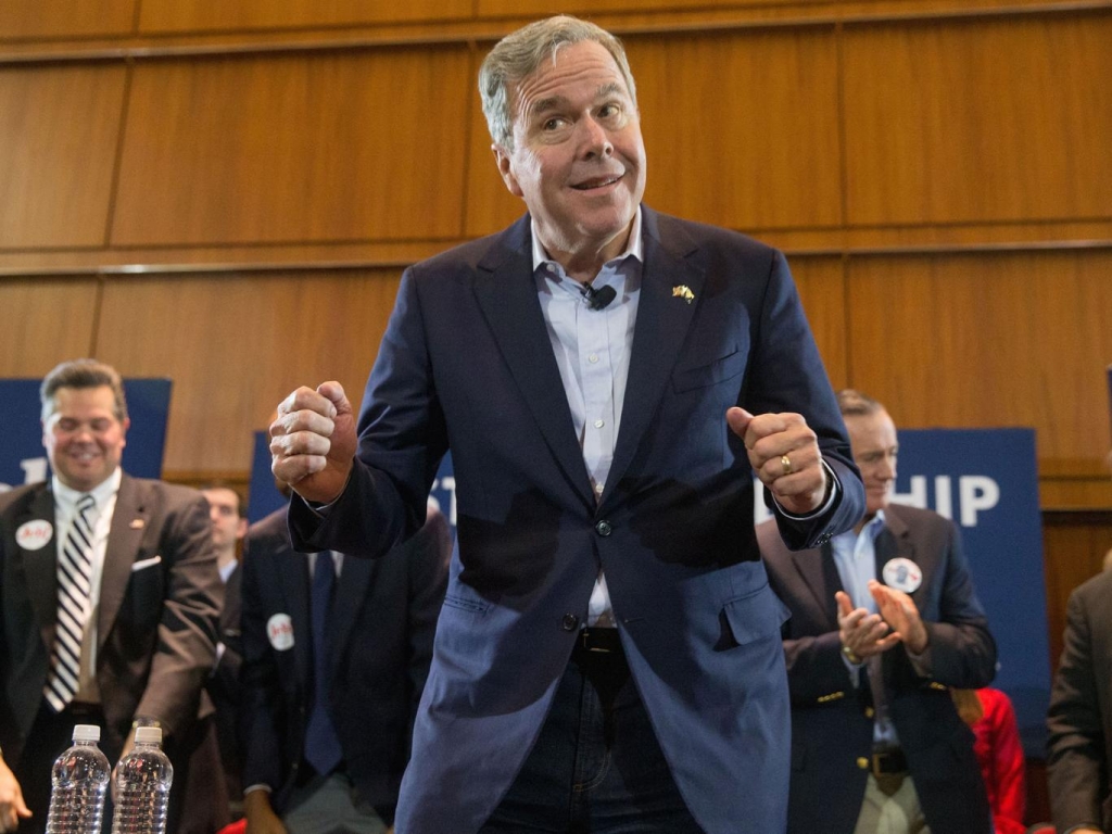 Republican presidential hopeful Jeb Bush is introduced to speak at a town hall in Columbia South Carolina. He asked ‘Can you imagine Donald Trump in the Oval Office