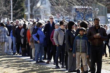 Nashua New Hampshire- 2/2/2016 People wait in line for a Hillary Clinton and Bill Clinton Get Out The Vote rally at Nashua Community College in Nashua New Hampshire