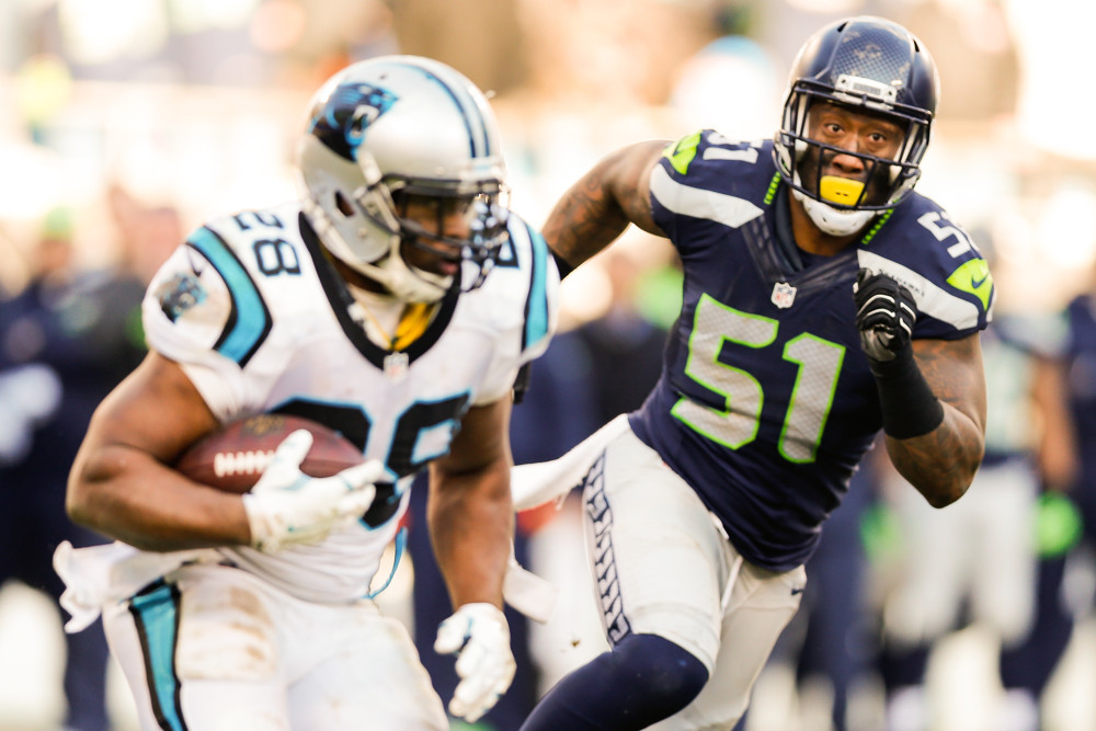 Jan 17 2016 Seattle Seahawks outside linebacker Bruce Irvin chases down Carolina Panthers running back Jonathan Stewart during the NFC Divisional Playoff game between the Carolina Panthers and the Seattle Seahawks at Bank of America Stadium