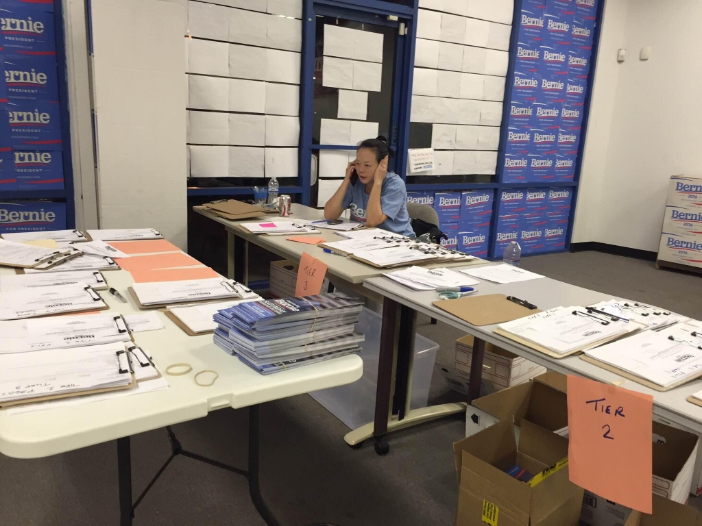 A Bernie Sanders volunteer makes calls from a stucco strip mall in Las Vegas Nevada. The Democratic primary takes an unpredictable turn as it heads west this weekend and campaigns are focusing on voter education