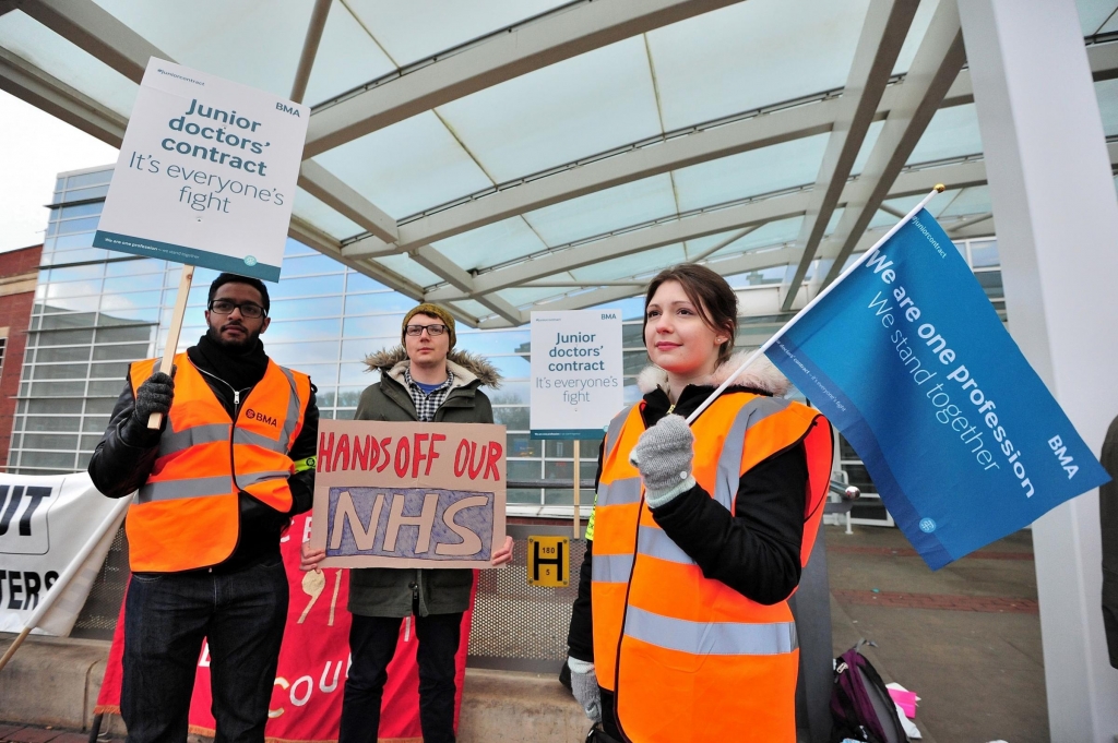 Junior Doctors outside Worcestershire Royal Hospital during their second 24-hour strike on Wednesday Dr Hari Babu Dr Ben Collins and Dr Emma Sherry