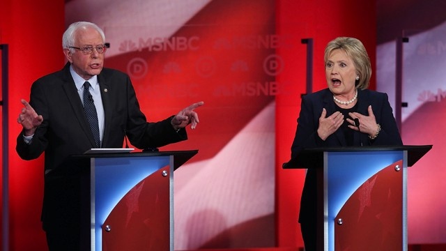 Bernie Sanders and Hillary Clinton during their MSNBC Democratic Candidates Debate at the University of New Hampshire on Feb. 4 2016