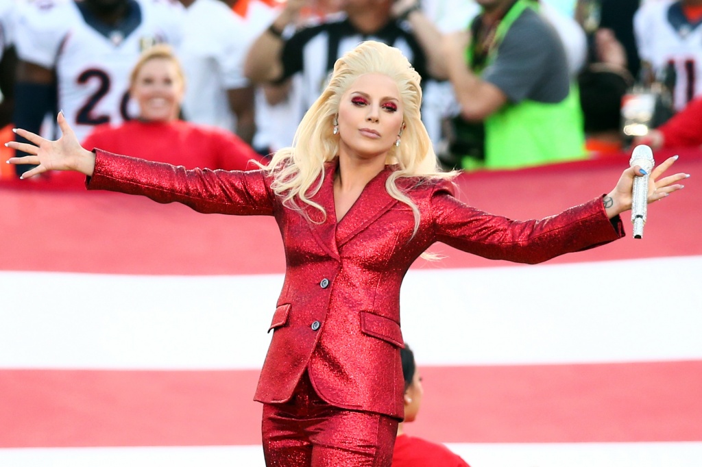 SANTA CLARA CA- FEBRUARY 07 Lady Gaga sings the National Anthem at Super Bowl 50 at Levi's Stadium