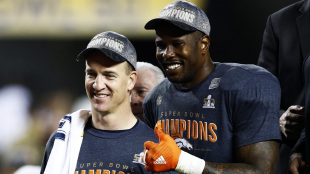 Legend and the star Peyton Manning and Von Miller celebrate after defeating the Carolina Panthers