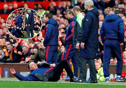 Louis van Gaal takes a tumble