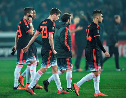 Manchester United players after their defeat in Denmark