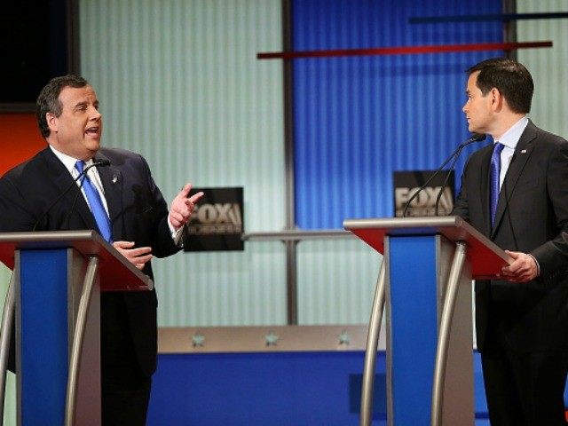 Republican presidential candidates New Jersey Governor Chris Christie and Sen. Marco Rubio participate in the Fox Business Network Republican presidential debate at the North Charleston Coliseum and Performing Arts Center