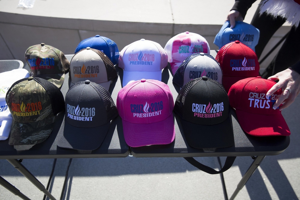 Laurie McBride a vendor straightens hats on her table prior to a rally for Republican presidential candidate Ted Cruz at Liberty Plaza in Atlanta on Saturday Feb. 27 2016