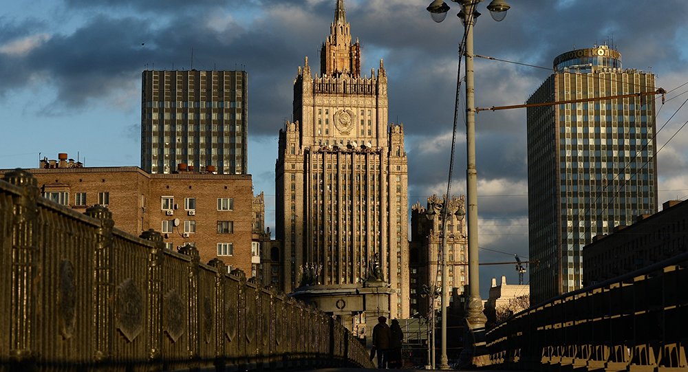 The Foreign Ministry building as seen from the Borodinsky Bridge in Moscow