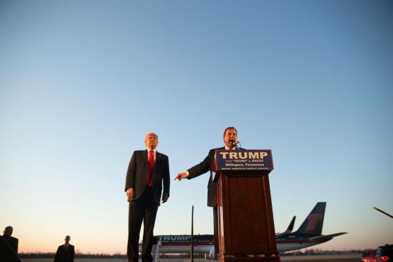 Mr Christie introduced the mogul at the rally in Millington Tennessee