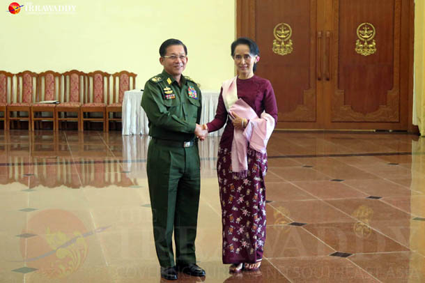 Burma Army commander-in Chief Snr-Gen Min Aung Hlaing left and Aung San Suu Kyi in Naypyidaw on Dec. 2 2015