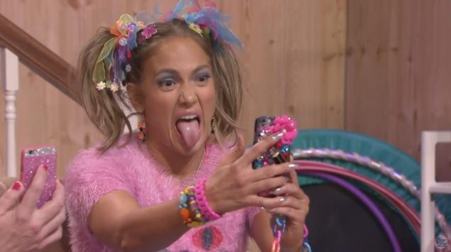 Lopez takes some selfies for Snap Chat during her appearance on an'Ew! skit with Jimmy Fallon