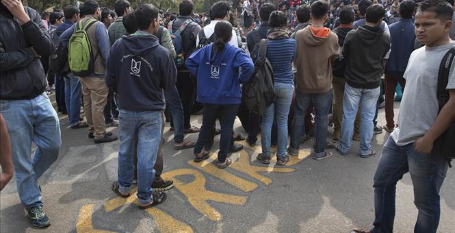 Students, journalists and teachers protested in the Indian capital after a student union leader's arrest and subsequent violence by Hindu nationalists