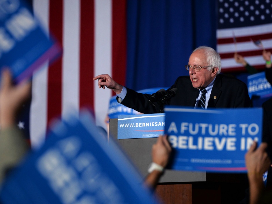 Democratic presidential candidate Bernie Sanders speaks during the primary night rally in Concord New Hampshire on Feb. 9 2016