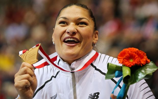 New Zealand shot putter Valerie Adams with the gold medal at the 2014 IAAF World Indoor Championships in Poland