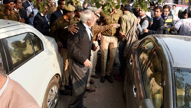 Noted lawyer Kapil Sibal leaves Patiala House Courts where JNUSU President Kanhaiya Kumar was produced in New Delhi on Wednesday | PTI