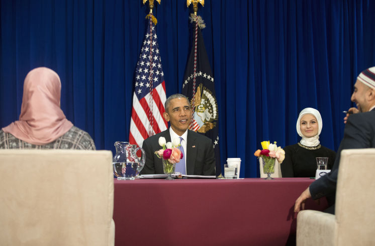 President Barack Obama meets with members of Muslim American community at the Islamic Society of Baltimore on Wednesday in Baltimore Md. Obama is making his first visit to a U.S. mosque at a time Muslim Americans say they're confronting increasing levels