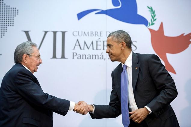 President Barack Obama shakes hands with President Raúl Castro of Cuba during the Summit of the Americas last year