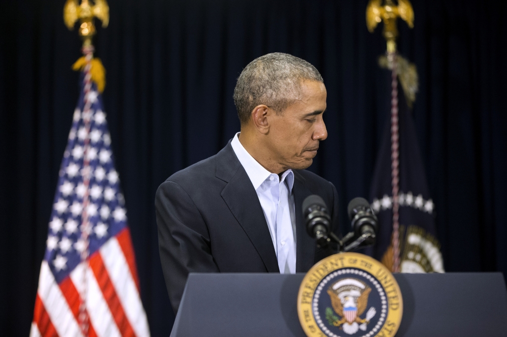 President Barack Obama finishes speaking to reporters about the death of Supreme Court Justice Antonin Scalia at Omni Rancho Las Palmas in Rancho Mirage CA. Saturday Feb. 13 2016. Scalia 79 was found dead Saturday morning at a private residence in