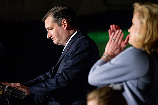 Republican presidential candidate Sen. Ted Cruz R-Texas accompanied by his wife Heidi right pauses while speaking at his South Carolina primary night rally at the South Carolina State Fairgrounds in Columbia S.C. Saturday. AP